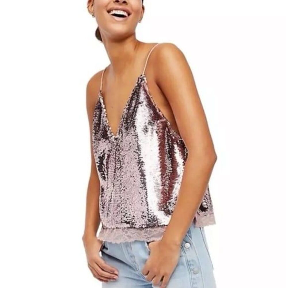 Intimately Free People Pink Sequin and Lace Spaghetti Strap Tank Size Small